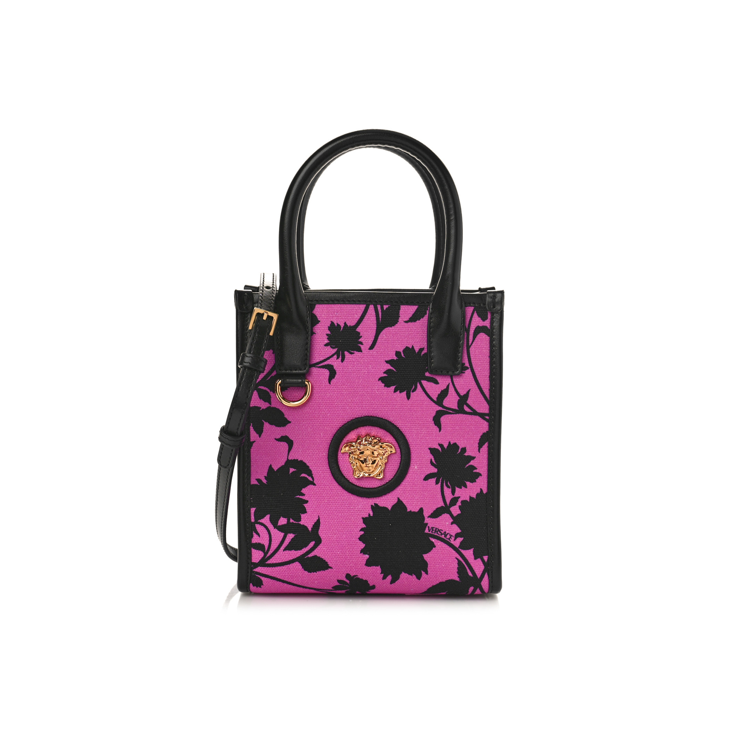 VERSACE CALFSKIN COTTON FLORAL PRINTED LA MEDUSA MINI BOOK TOTE BLACK WATER LILY (19*17*9cm)