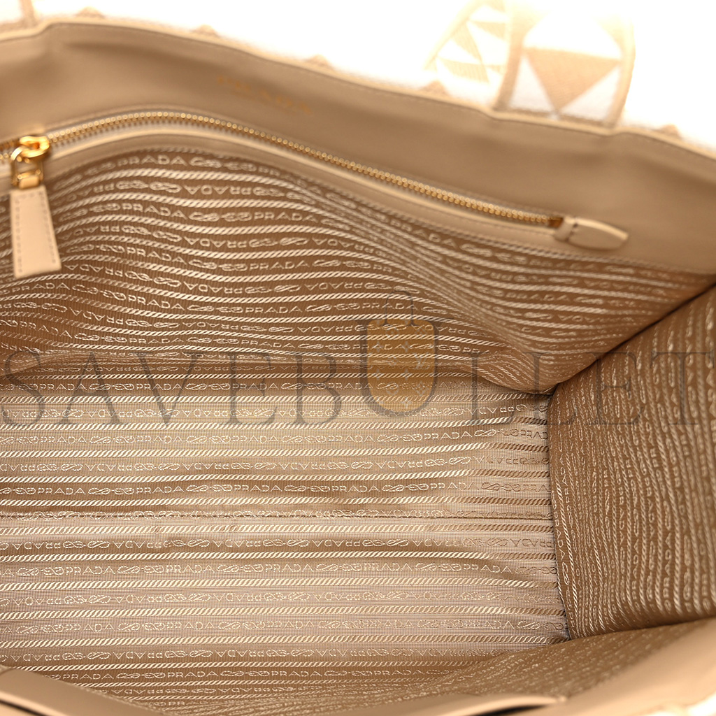 PRADA FABRIC EMBROIDERED SAFFIANO LARGE SYMBOLE TOTE BLACK BEIGE (43*31*20cm)