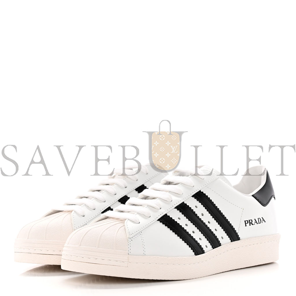 PRADA X ADIDAS BRUSHED CALFSKIN LOGO MENS SUPERSTAR SNEAKERS 7.5 WHITE BLACK