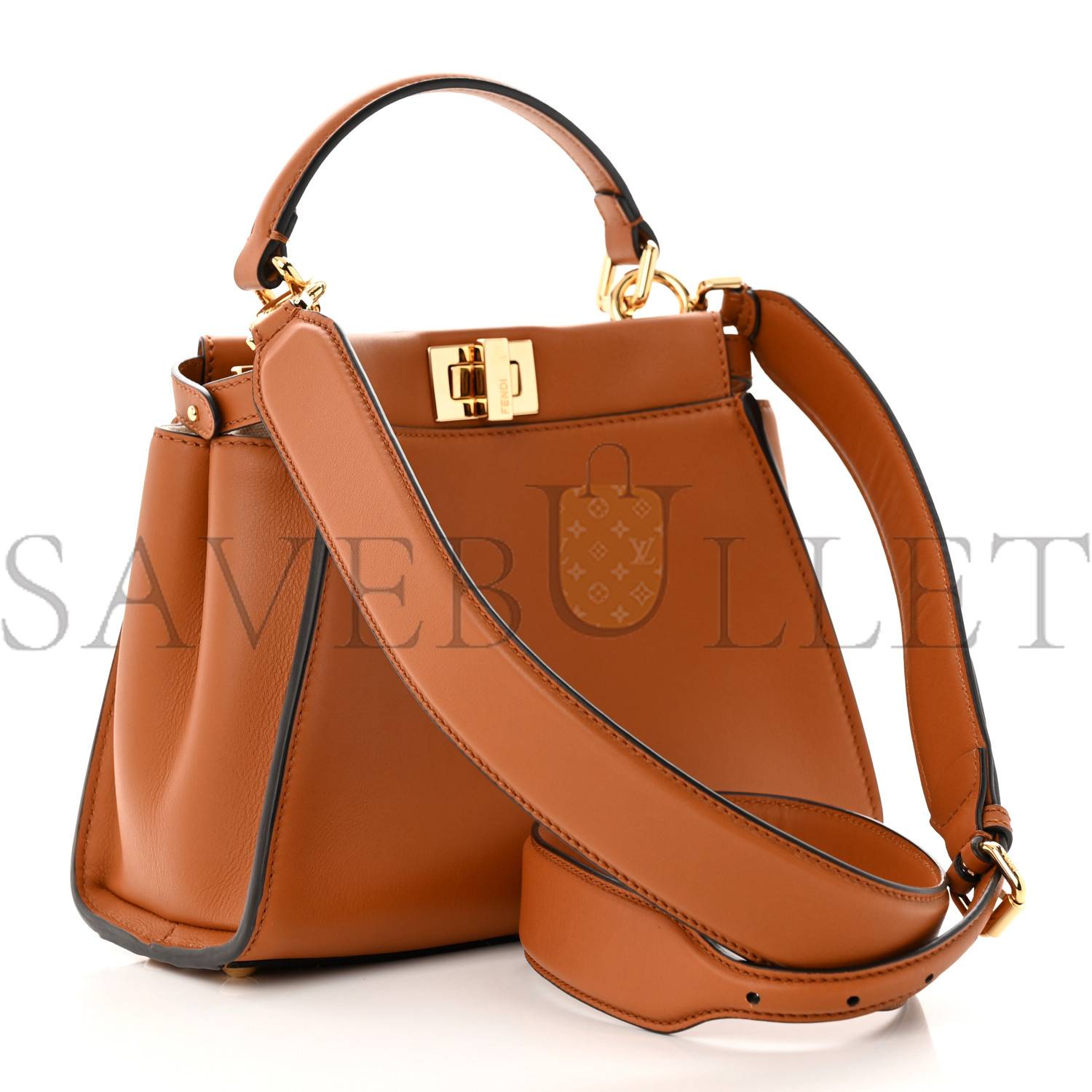 FENDI VITELLO SETA CANVAS FF EMBROIDERED MINI PEEKABOO ICONIC SATCHEL BRANDY GREZZO (23*18*11cm)