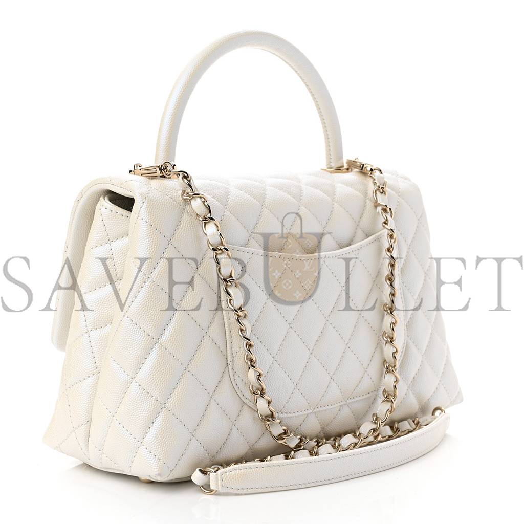 CHANEL IRIDESCENT CAVIAR QUILTED SMALL COCO HANDLE FLAP WHITE ROSE GOLD HARDWARE (28*17*11cm)