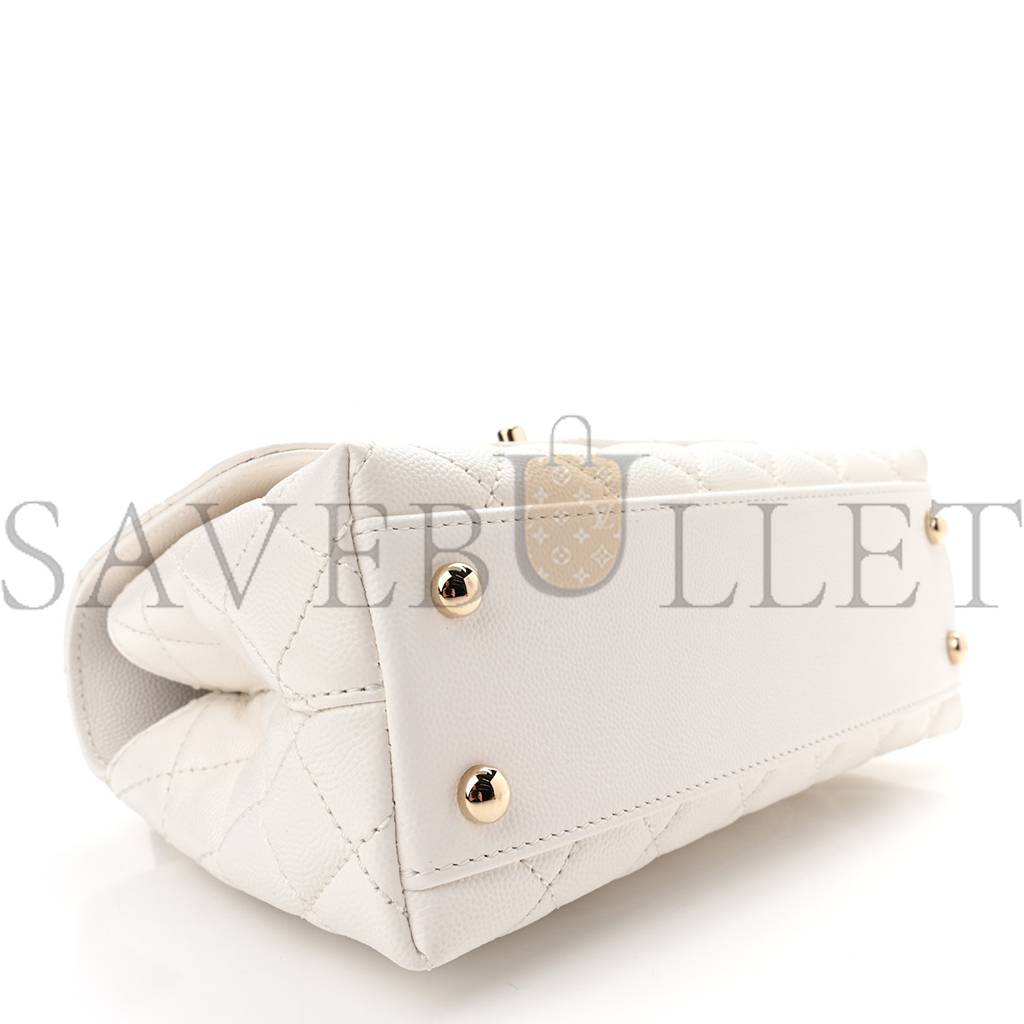 CHANEL CAVIAR QUILTED MINI COCO HANDLE FLAP WHITE GOLD HARDWARE (23*15*9cm)