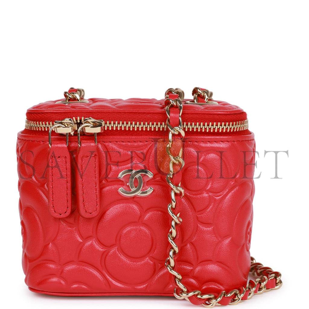 CHANEL CAMELLIA MINI VANITY CASE RED LAMBSKIN LIGHT GOLD HARDWARE (11*9*8cm)