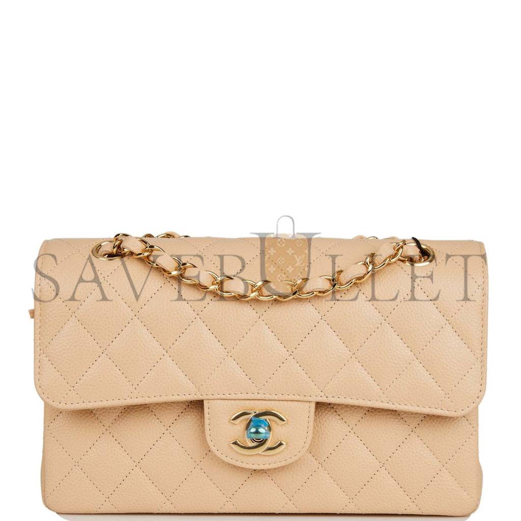 CHANEL SMALL CLASSIC DOUBLE FLAP BAG BEIGE CAVIAR GOLD HARDWARE (23*13*6cm)