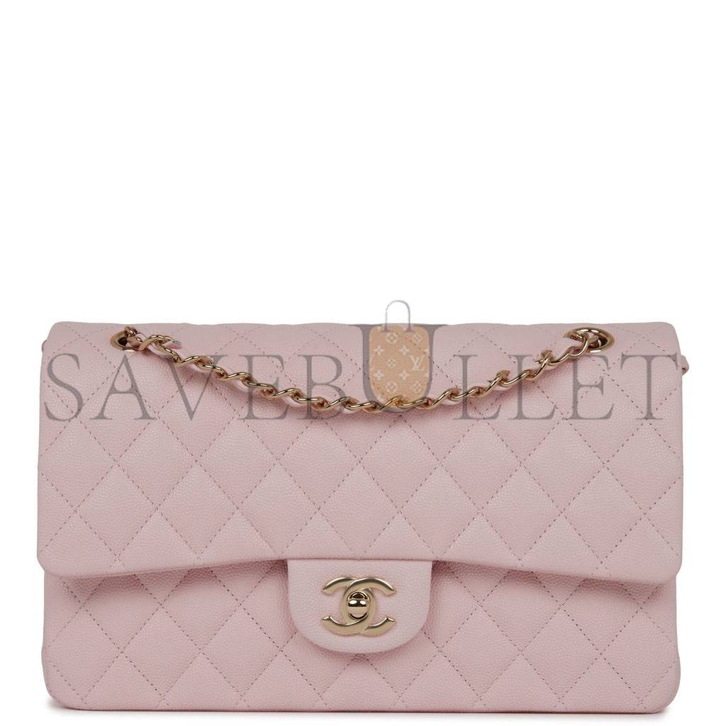 CHANEL MEDIUM CLASSIC DOUBLE FLAP BAG LIGHT PINK CAVIAR LIGHT GOLD HARDWARE (25.5*15.2*7cm)