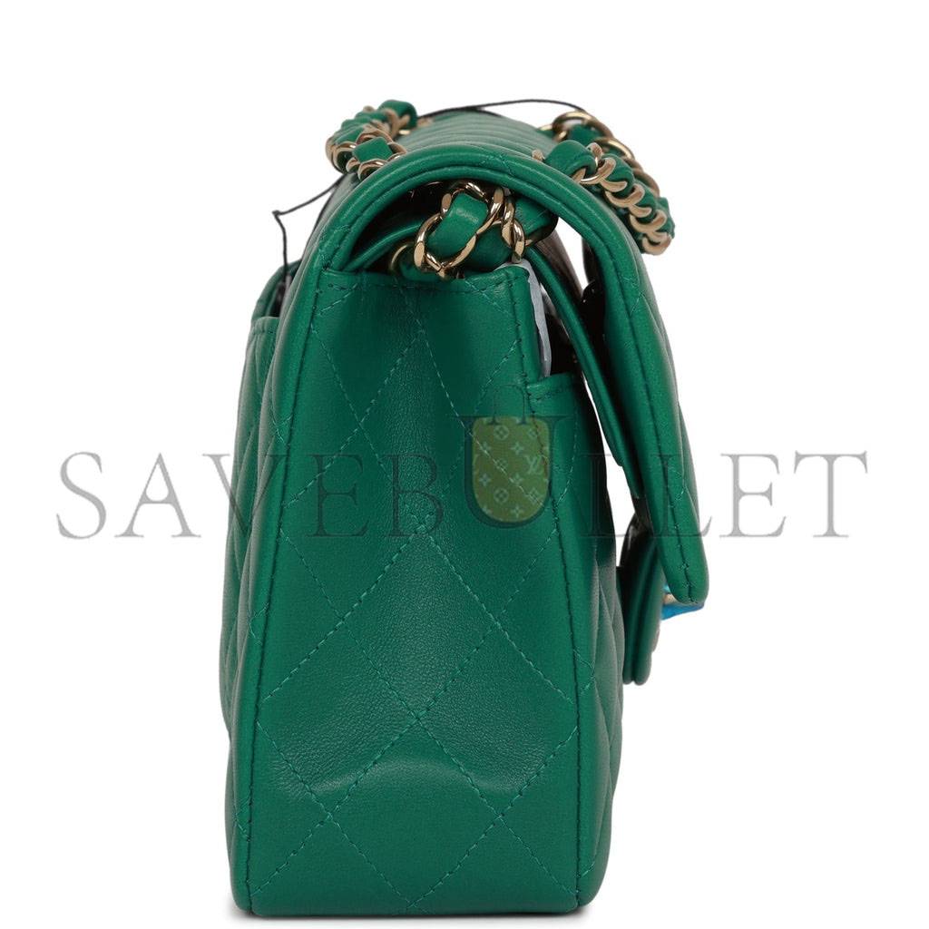 CHANEL SMALL CLASSIC DOUBLE FLAP BAG GREEN LAMBSKIN LIGHT GOLD HARDWARE (23*13*6cm)