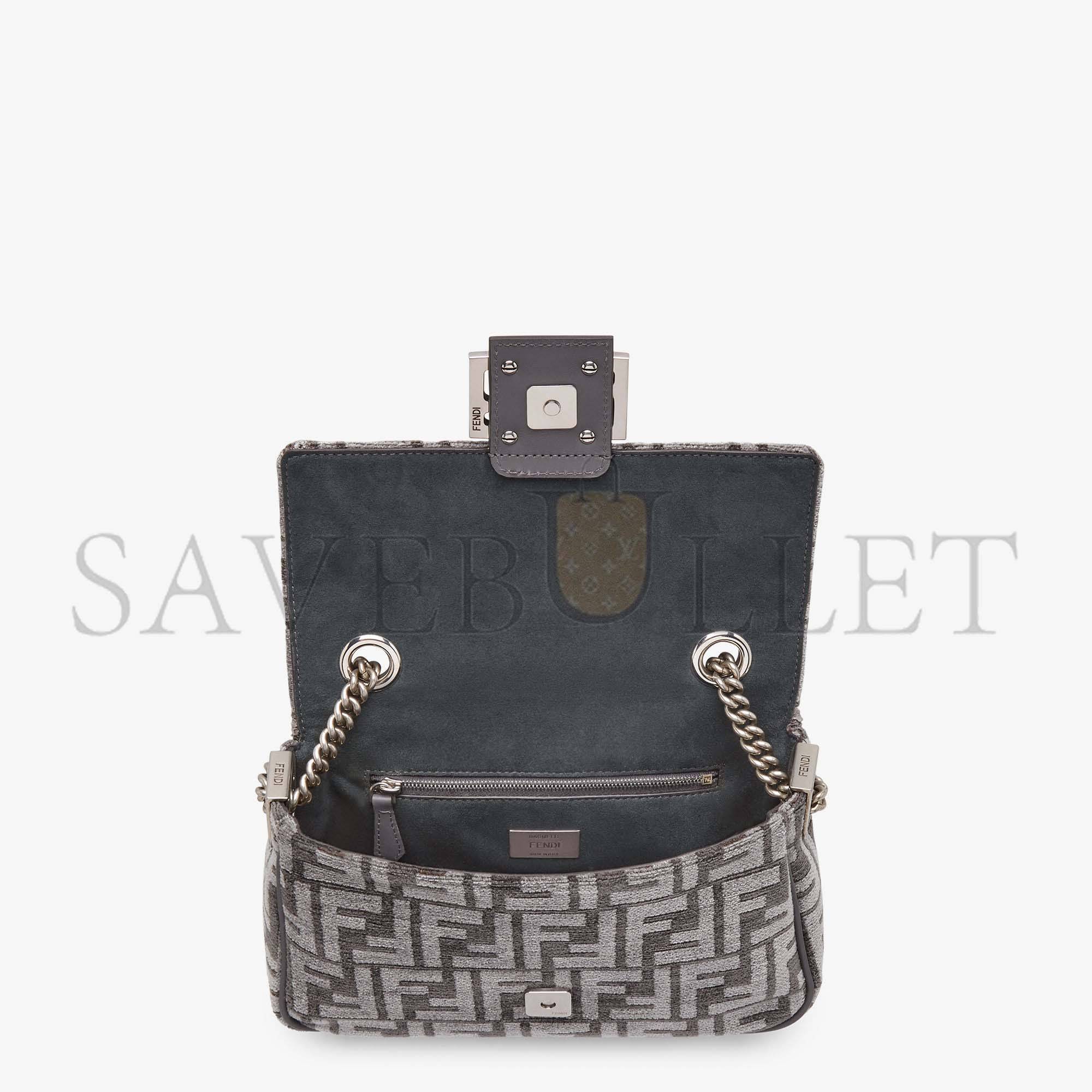 FENDI BAGUETTE CHAIN MIDI - DARK GRAY FF TAPESTRY FABRIC BAG 8BR793ALG7F1HZO (24*14.5*7cm)