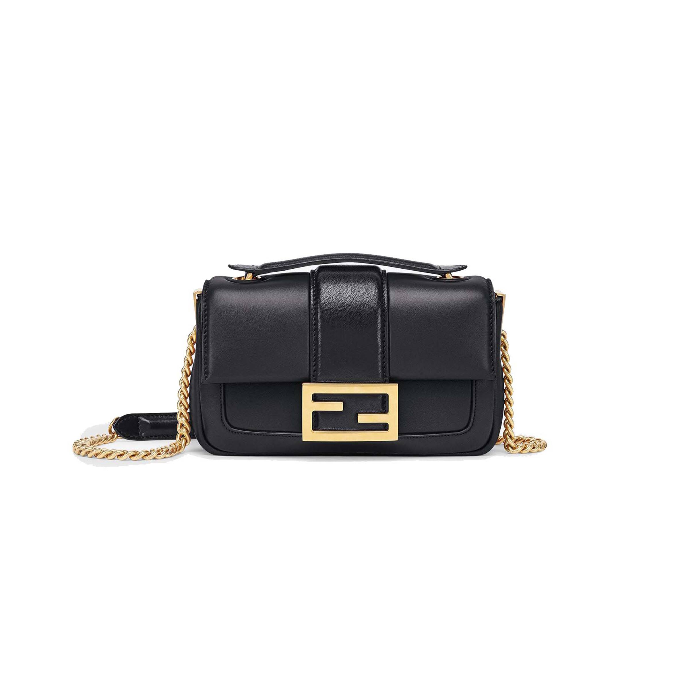 FENDI MINI BAGUETTE CHAIN - BLACK NAPPA LEATHER BAG 8BS045ACNXF15ZW (19*11.5*4cm)