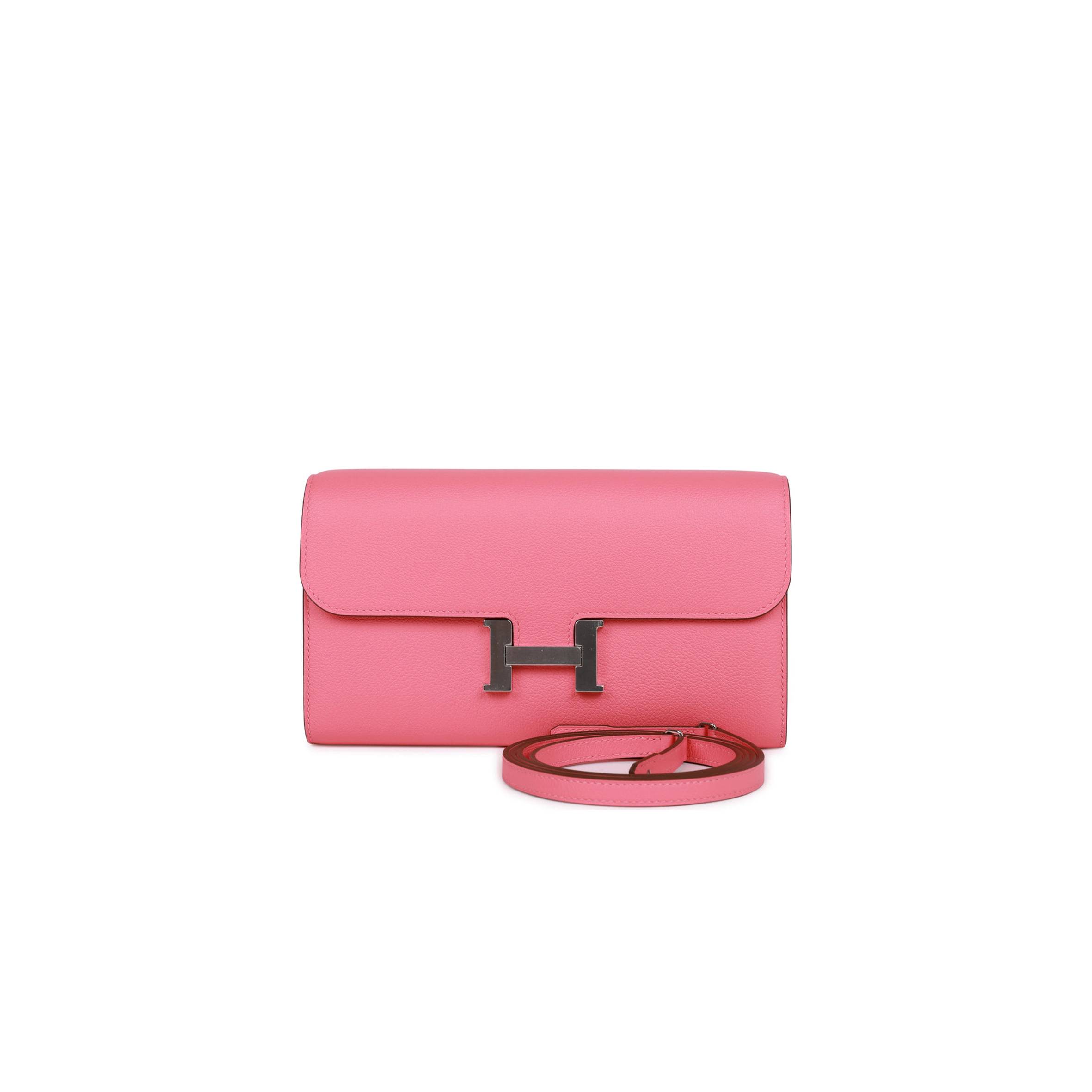 HERMES CONSTANCE WALLET TO GO ROSE AZALEE EVERCOLOR PALLADIUM HARDWARE (20.3*11.4*3.8cm)