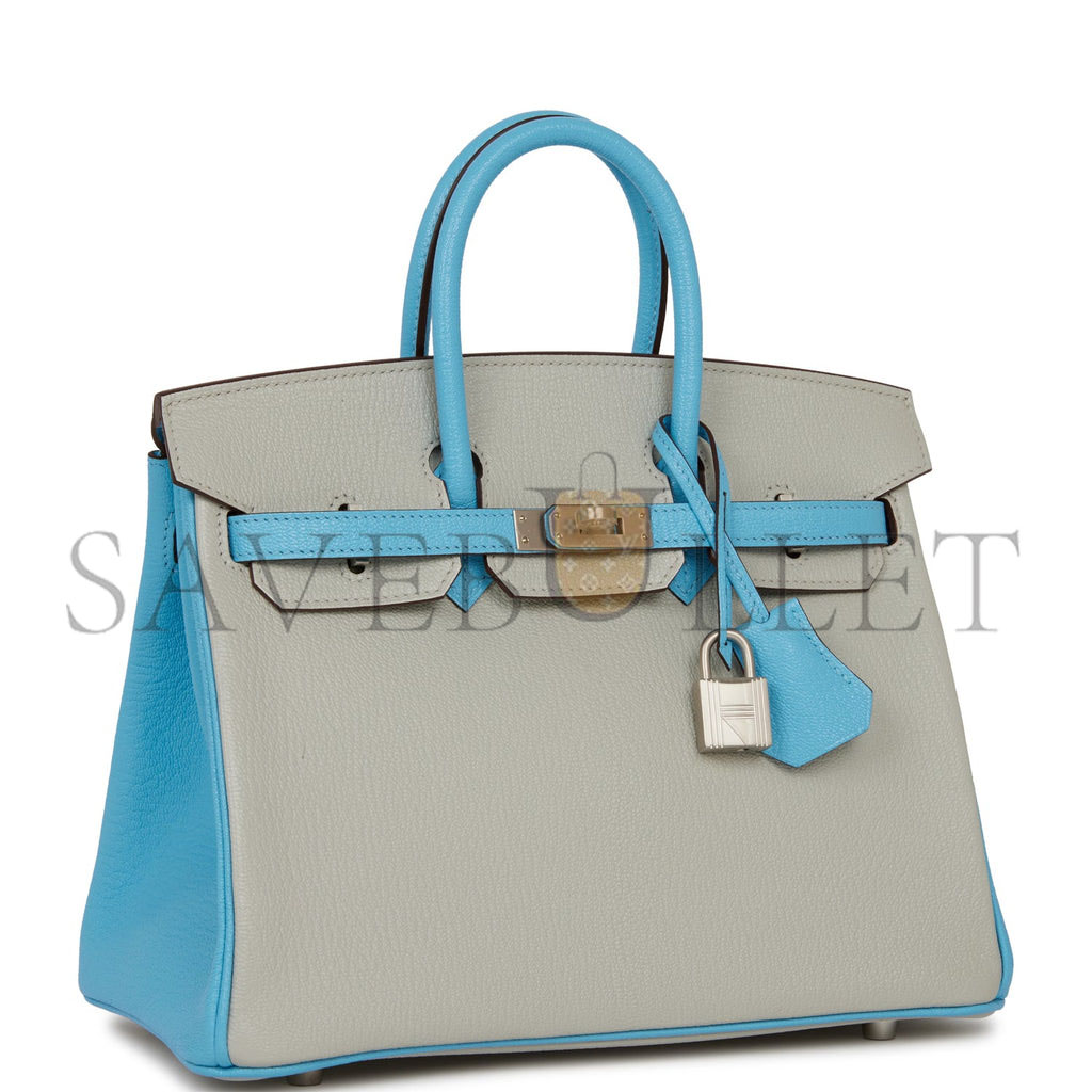 HERMES SPECIAL ORDER (HSS) BIRKIN 25 GRIS PERLE AND BLEU DU NORD CHÈVRE BRUSHED PALLADIUM HARDWARE HANDMADE (25cm)