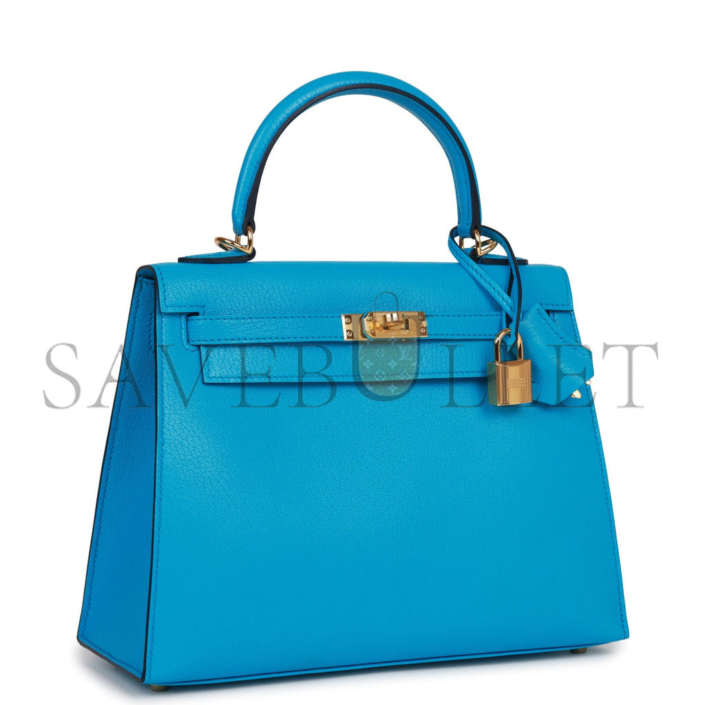 HERMES KELLY SELLIER 25 BLEU FRIDA CHEVRE GOLD HARDWARE   (25*17*7cm)