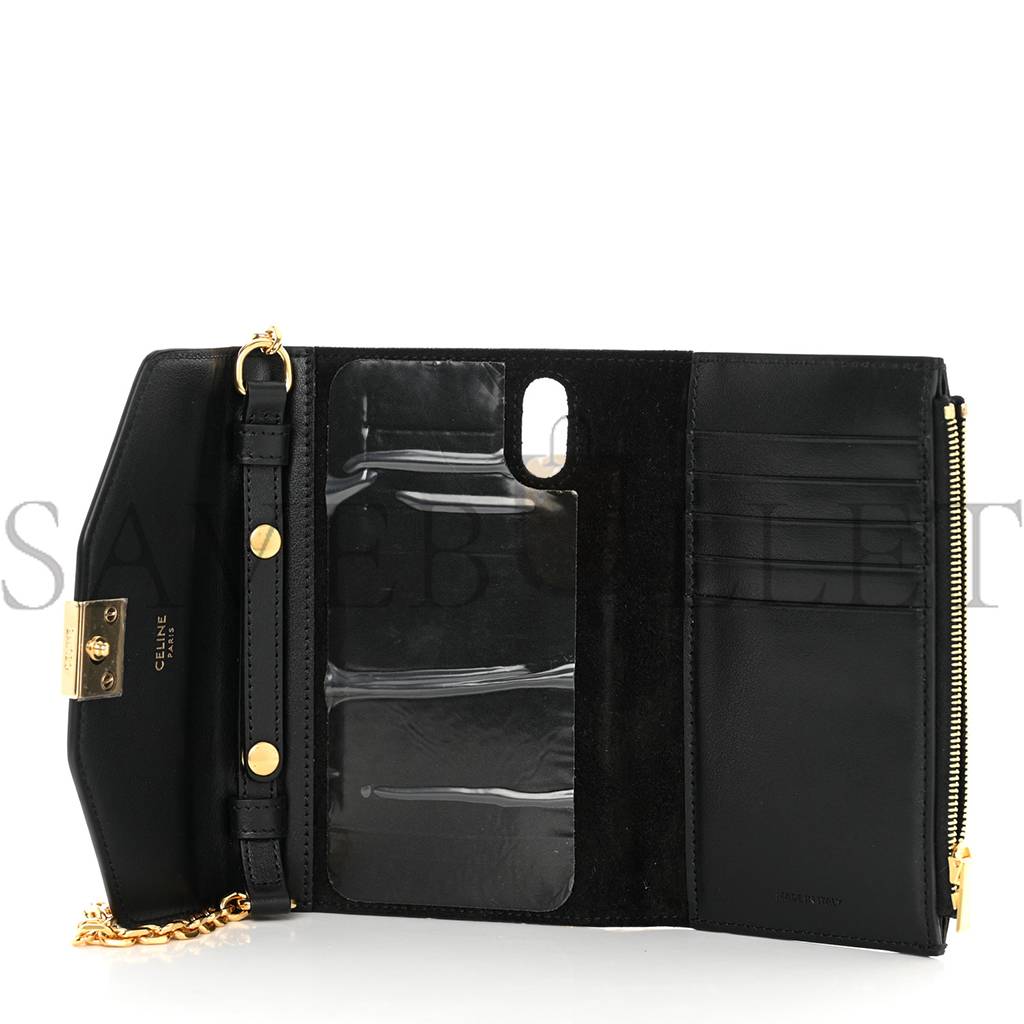 CELINE SHINY SMOOTH CALFSKIN C PHONE HOLDER WALLET ON CHAIN BAG BLACK (15*10*3cm)