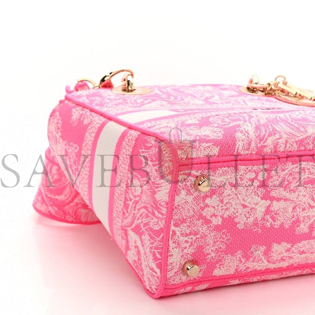 DIOR CANVAS TOILE DE JOUY REVERSE EMBROIDERED MEDIUM LADY D-LITE FLUORESCENT PINK (24*20*11cm)